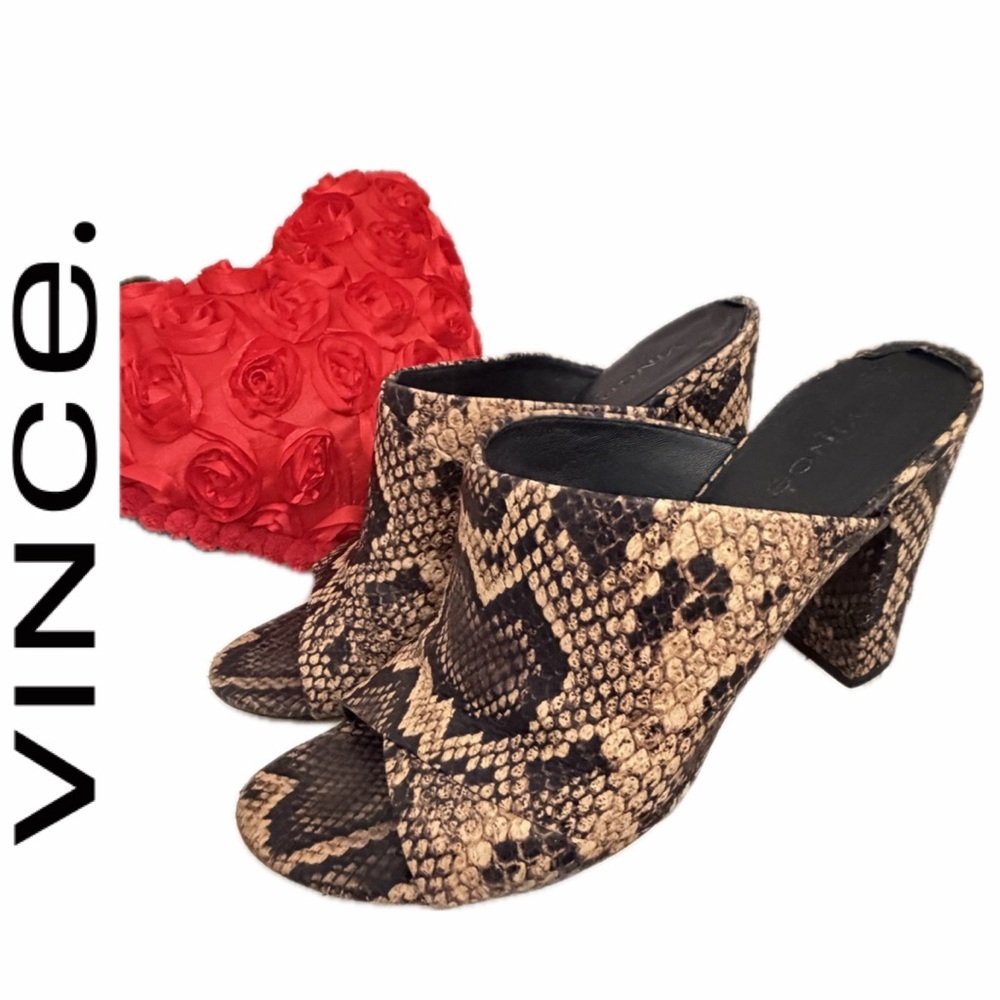 Vince Snake Print Leather Mules Sandals Heels Health Senegal‎ Sz 8 Baddie Core